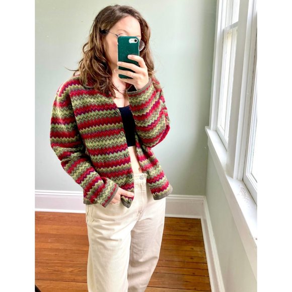 Vintage 90s Y2K Striped Cardigan Lambs Wool Button Up Cottagecore Sweater L - Picture 2 of 6